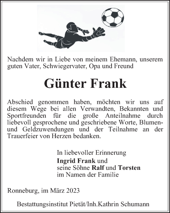 Traueranzeige von Günter Frank von Ostthüringer Zeitung