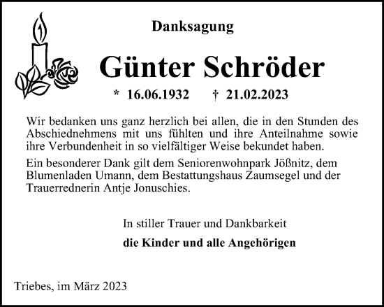 Traueranzeige von Günter Schröder von Ostthüringer Zeitung