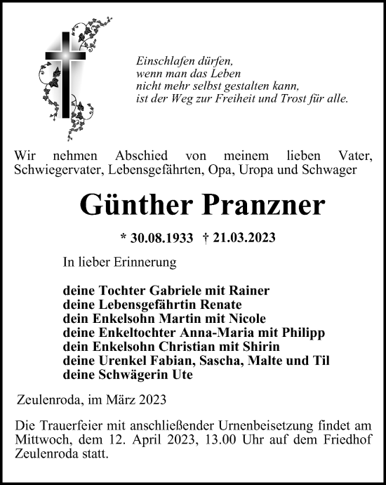 Traueranzeige von Günther Pranzner von Ostthüringer Zeitung