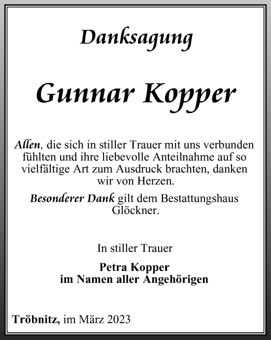 Traueranzeige von Gunnar Kopper von Ostthüringer Zeitung