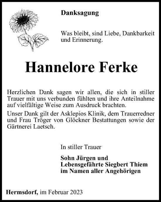 Traueranzeige von Hannelore Ferke von Ostthüringer Zeitung