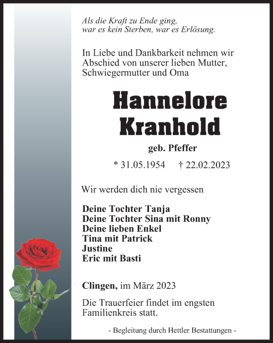 Traueranzeige von Hannelore Kranhold von Thüringer Allgemeine