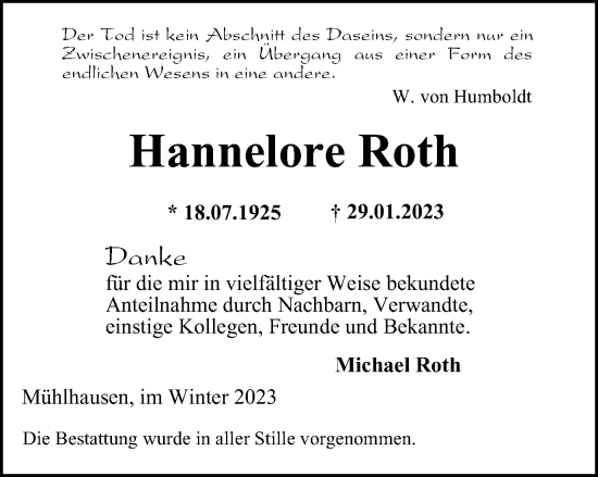 Traueranzeige von Hannelore Roth von Thüringer Allgemeine, Thüringische Landeszeitung