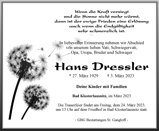 Traueranzeige von Hans Dressler von Ostthüringer Zeitung