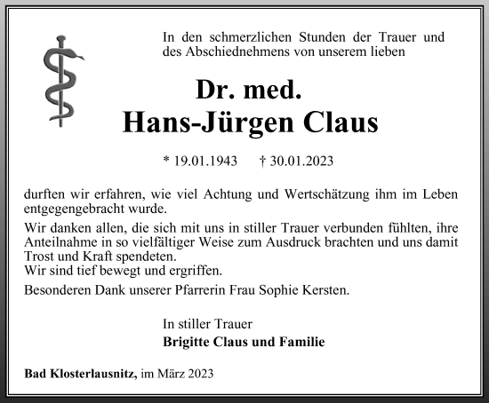 Traueranzeige von Hans-Jürgen Claus von Ostthüringer Zeitung