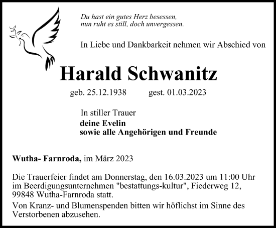 Traueranzeige von Harald Schwanitz von Thüringer Allgemeine, Thüringische Landeszeitung