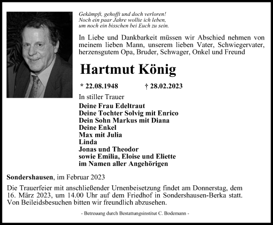 Traueranzeige von Hartmut König