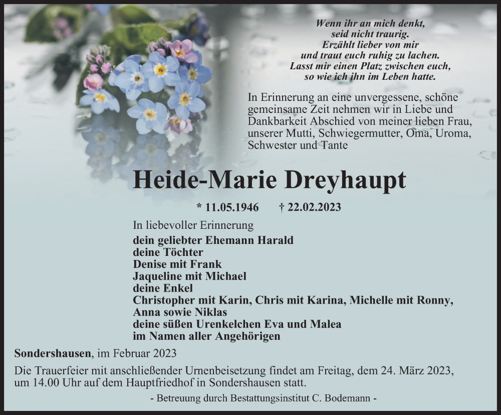  Traueranzeige für Heide-Marie Dreyhaupt vom 18.03.2023 aus Thüringer Allgemeine