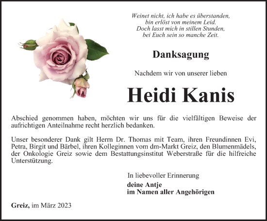 Traueranzeige von Heidi Kanis von Ostthüringer Zeitung