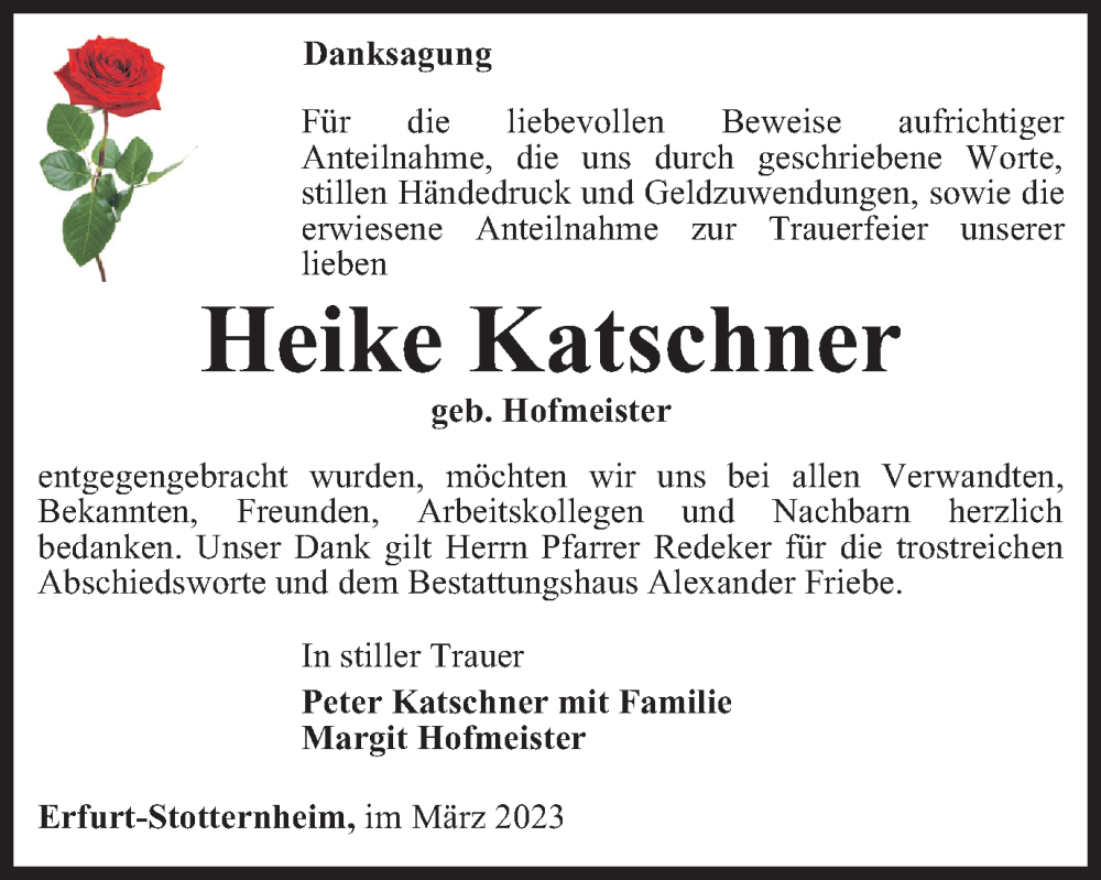  Traueranzeige für Heike Katschner vom 25.03.2023 aus Thüringer Allgemeine, Thüringische Landeszeitung