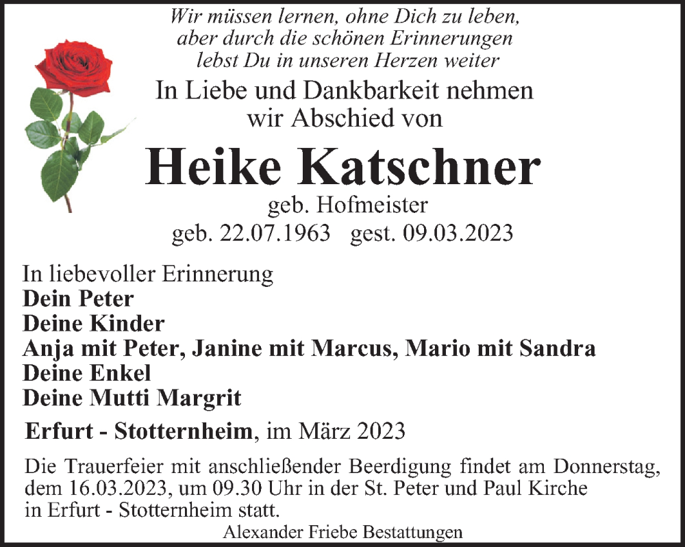  Traueranzeige für Heike Katschner vom 15.03.2023 aus Thüringer Allgemeine, Thüringische Landeszeitung