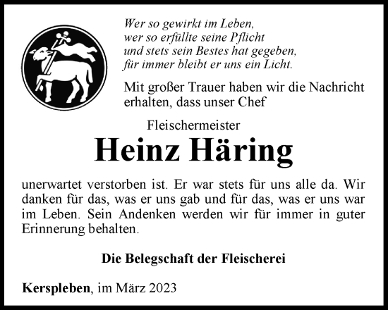 Traueranzeige von Heinz Häring von Thüringer Allgemeine, Thüringische Landeszeitung
