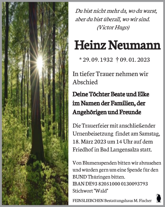 Traueranzeige von Heinz Neumann von Thüringer Allgemeine, Thüringische Landeszeitung