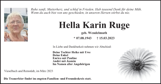 Traueranzeige von Hella Karin Ruge von Thüringer Allgemeine, Thüringische Landeszeitung