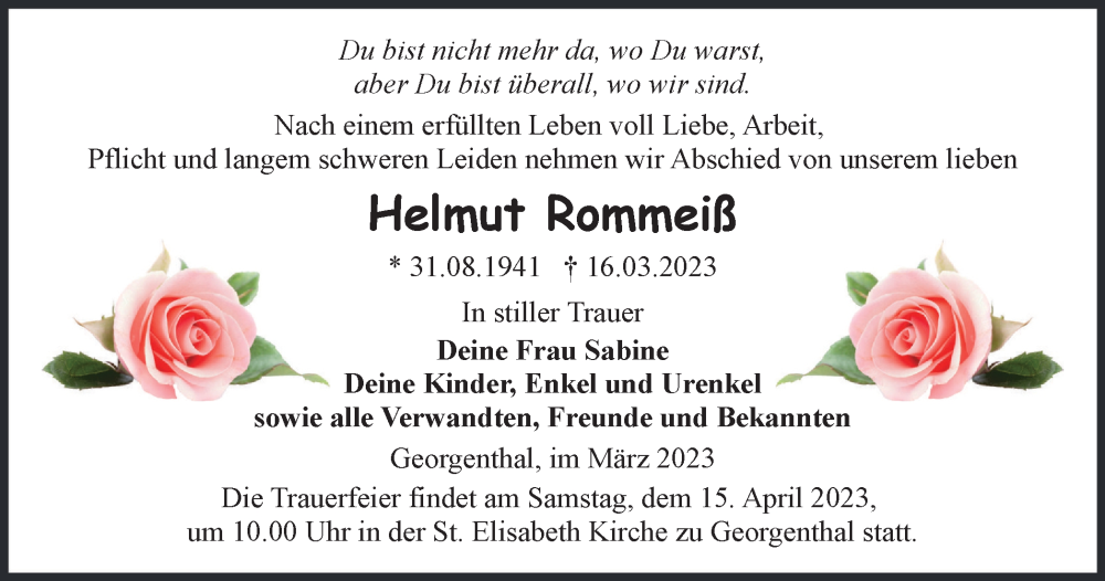  Traueranzeige für Helmut Rommeiß vom 25.03.2023 aus Thüringer Allgemeine, Thüringische Landeszeitung