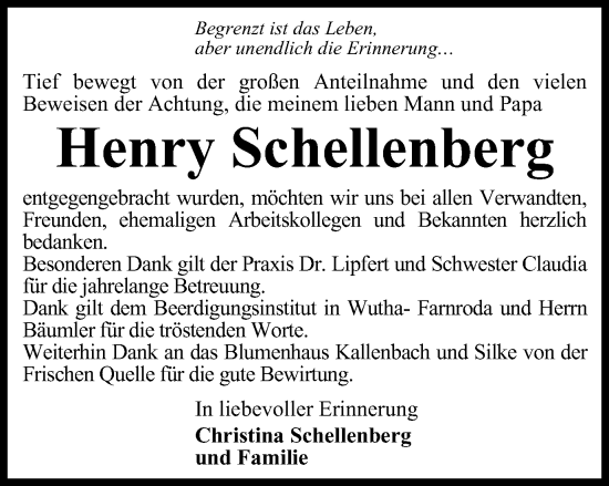 Traueranzeige von Henry Schellenberg von Thüringer Allgemeine, Thüringische Landeszeitung