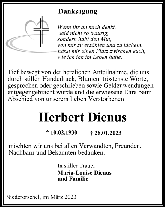 Traueranzeige von Herbert Dienus von Thüringer Allgemeine