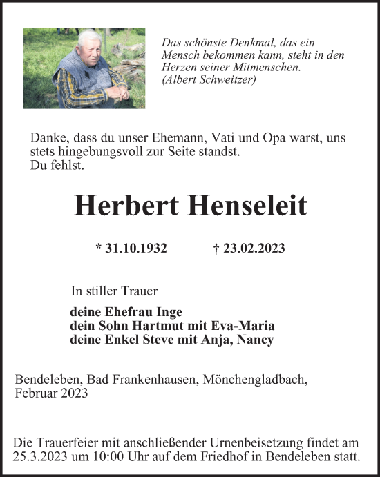 Traueranzeige von Herbert Henseleit von Thüringer Allgemeine