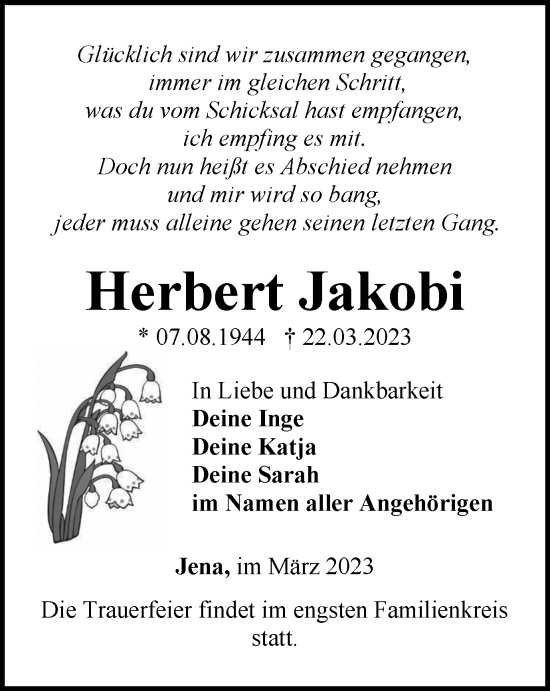 Traueranzeige von Herbert Jakobi von Ostthüringer Zeitung, Thüringische Landeszeitung
