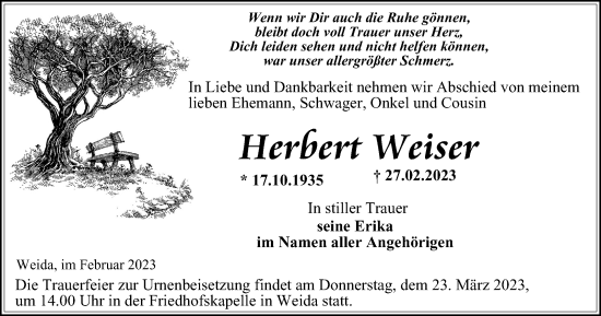 Traueranzeige von Herbert Weiser von Ostthüringer Zeitung
