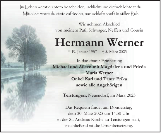 Traueranzeige von Hermann Werner von Thüringer Allgemeine