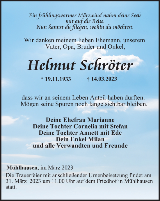 Traueranzeige von Hermut Schröter von Thüringer Allgemeine, Thüringische Landeszeitung