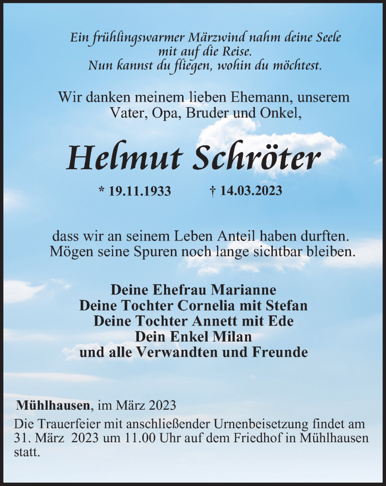  Traueranzeige für Hermut Schröter vom 18.03.2023 aus Thüringer Allgemeine, Thüringische Landeszeitung