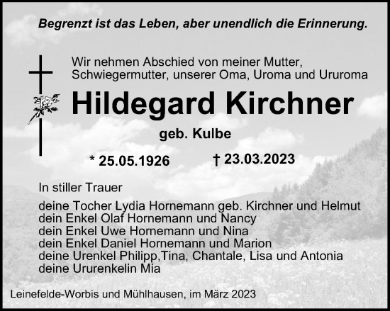 Traueranzeige von Hildegard Kirchner von Thüringer Allgemeine