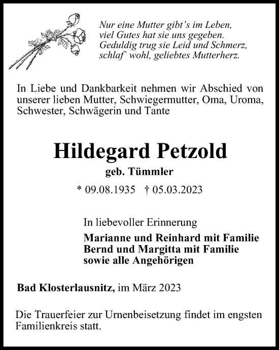 Traueranzeige von Hildegard Petzold von Ostthüringer Zeitung