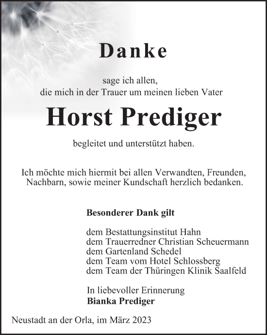 Traueranzeige von Horst Prediger von Ostthüringer Zeitung