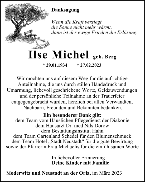 Traueranzeige von Ilse Michel von Ostthüringer Zeitung