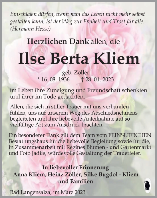 Traueranzeige von Ilse Berta Kliem von Thüringer Allgemeine, Thüringische Landeszeitung