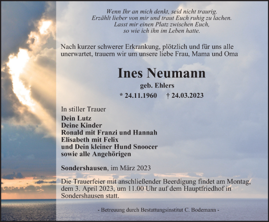 Traueranzeige von Ines Neumann von Thüringer Allgemeine
