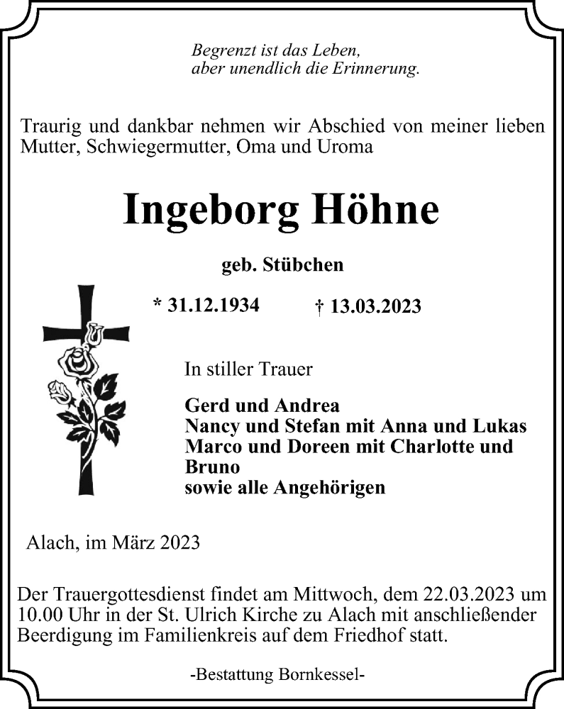  Traueranzeige für Ingeborg Höhne vom 18.03.2023 aus Thüringer Allgemeine, Thüringische Landeszeitung