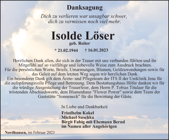 Traueranzeige von Isolde Löser von Thüringer Allgemeine