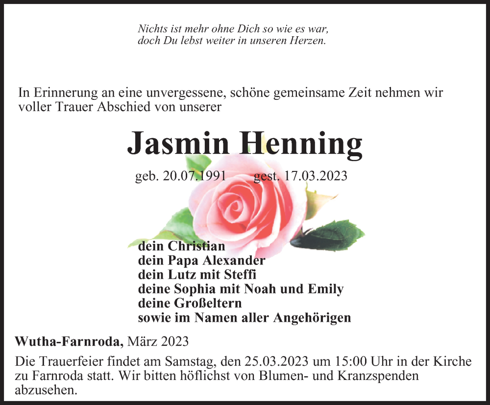  Traueranzeige für Jasmin Henning vom 22.03.2023 aus Thüringer Allgemeine, Thüringische Landeszeitung