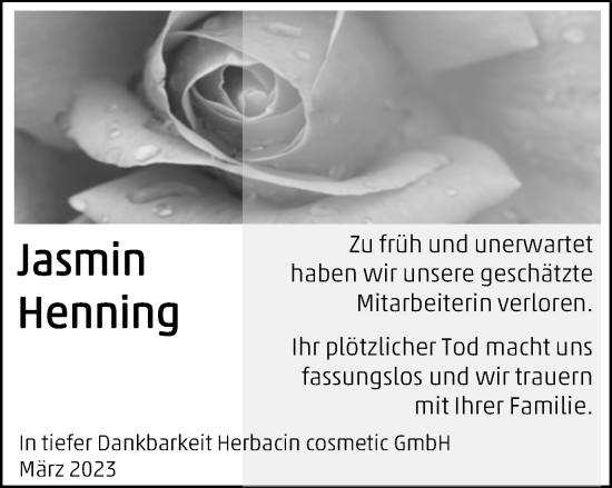 Traueranzeige von Jasmin Henning von Thüringer Allgemeine, Thüringische Landeszeitung