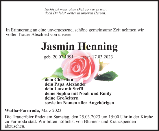 Traueranzeige von Jasmin Henning von Thüringer Allgemeine, Thüringische Landeszeitung