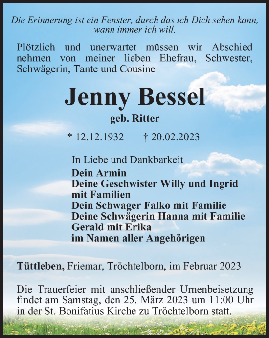 Traueranzeige von Jenny Bessel von Thüringer Allgemeine, Thüringische Landeszeitung