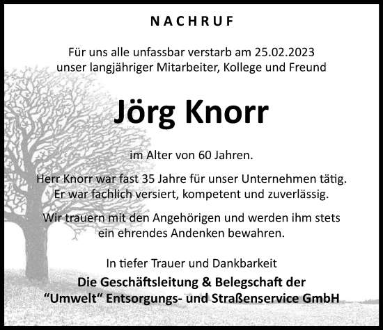 Traueranzeige von Jörg Knorr von Ostthüringer Zeitung