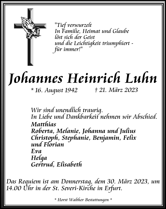 Traueranzeige von Johannes Heinrich Luhn von Thüringer Allgemeine, Thüringische Landeszeitung