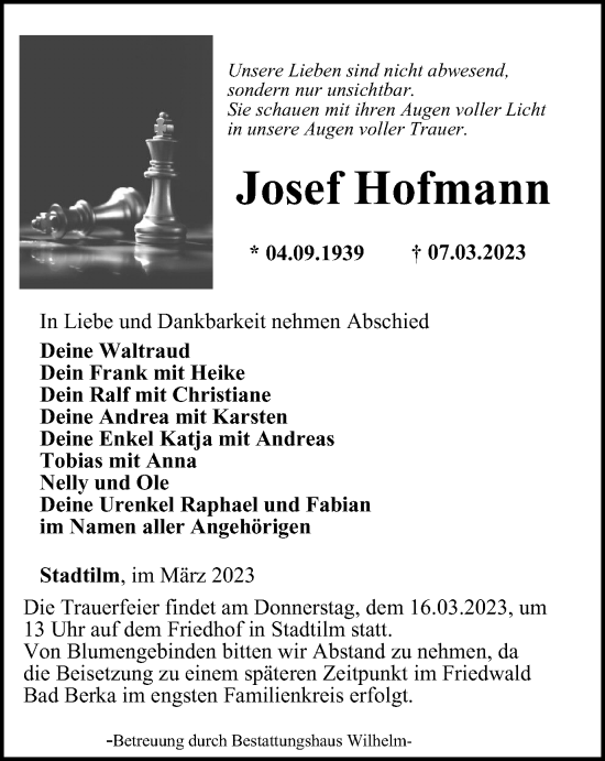 Traueranzeige von Josef Hofmann von Thüringer Allgemeine