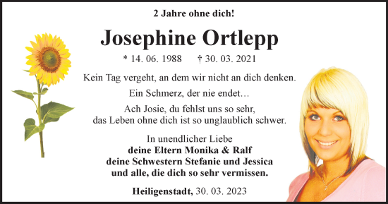 Traueranzeige von Josephine Ortlepp von Thüringer Allgemeine