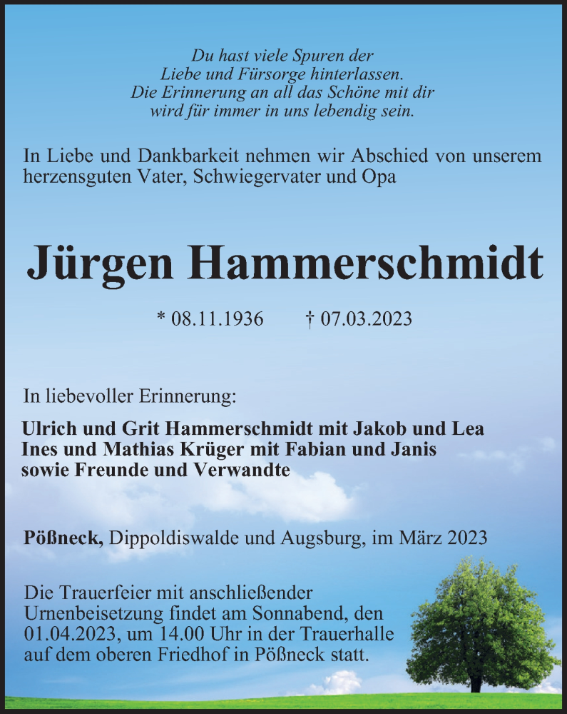  Traueranzeige für Jürgen Hammerschmidt vom 18.03.2023 aus Ostthüringer Zeitung