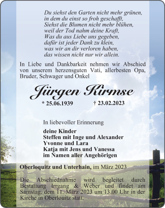 Traueranzeige von Jürgen Kirmse von Ostthüringer Zeitung