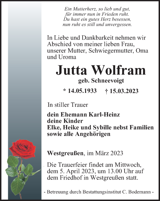 Traueranzeige von Jutta Wolfram