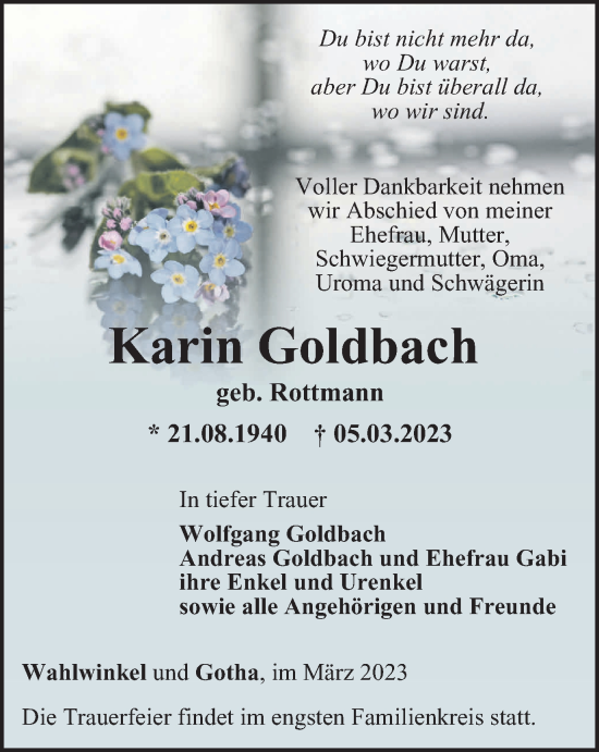 Traueranzeige von Karin Goldbach von Thüringer Allgemeine, Thüringische Landeszeitung