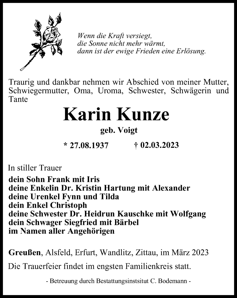  Traueranzeige für Karin Kunze vom 18.03.2023 aus Thüringer Allgemeine