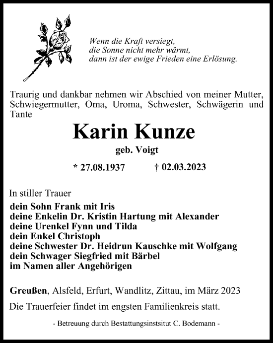 Traueranzeige von Karin Kunze