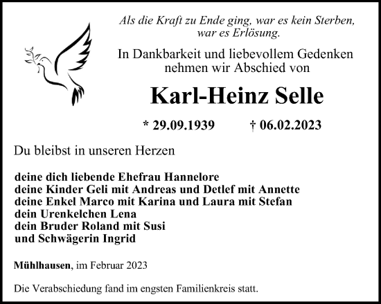 Traueranzeige von Karl-Heinz Selle von Thüringer Allgemeine, Thüringische Landeszeitung